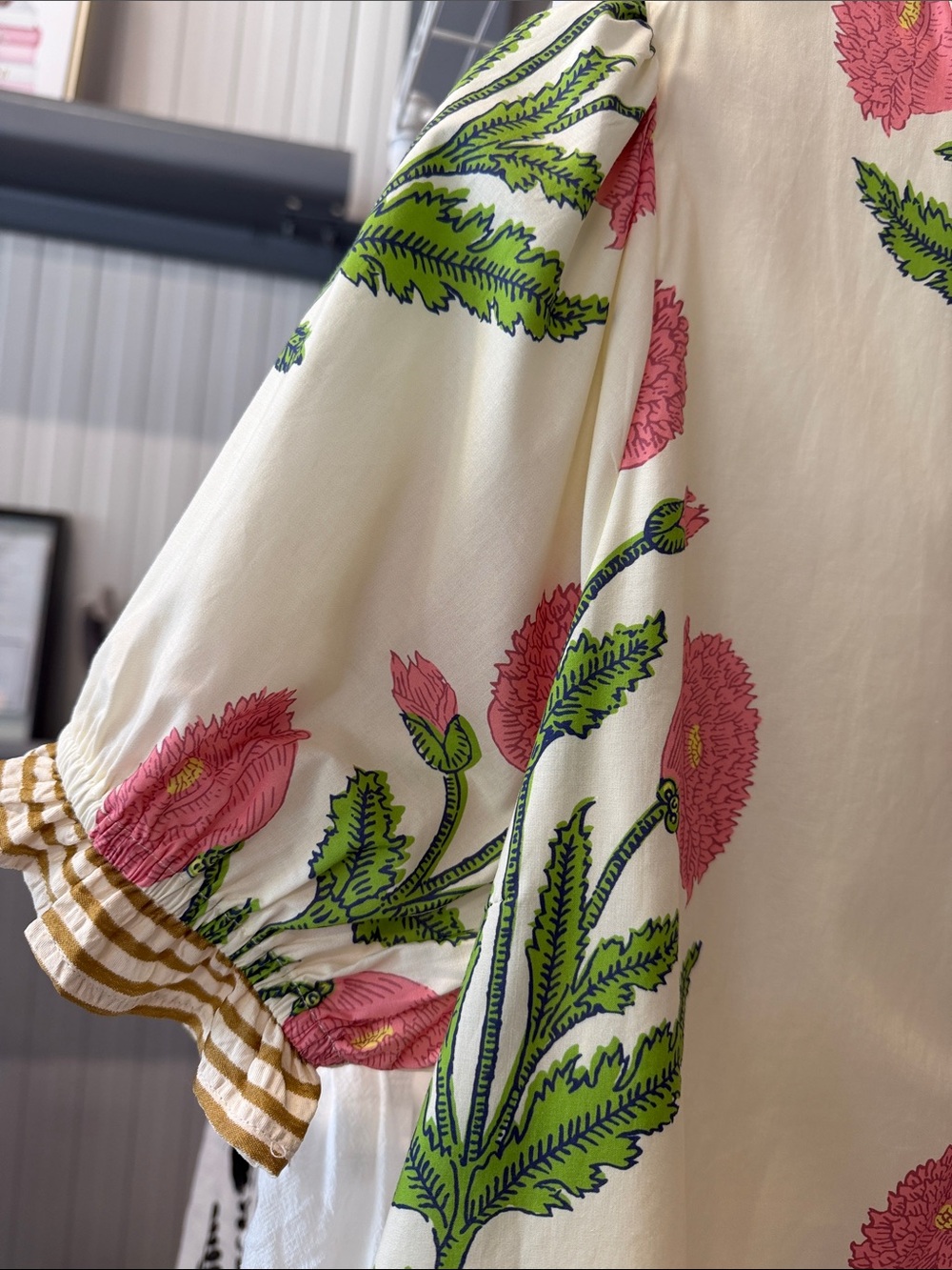 Umgee Cream Midi Dress with Pink Floral Print and Green Leaves - Picture 5 of 6
